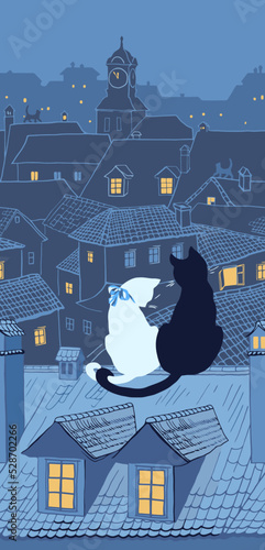 Romantic rendezvous of a black cat and a white cat on the roof of a medieval city. Vector illistration
