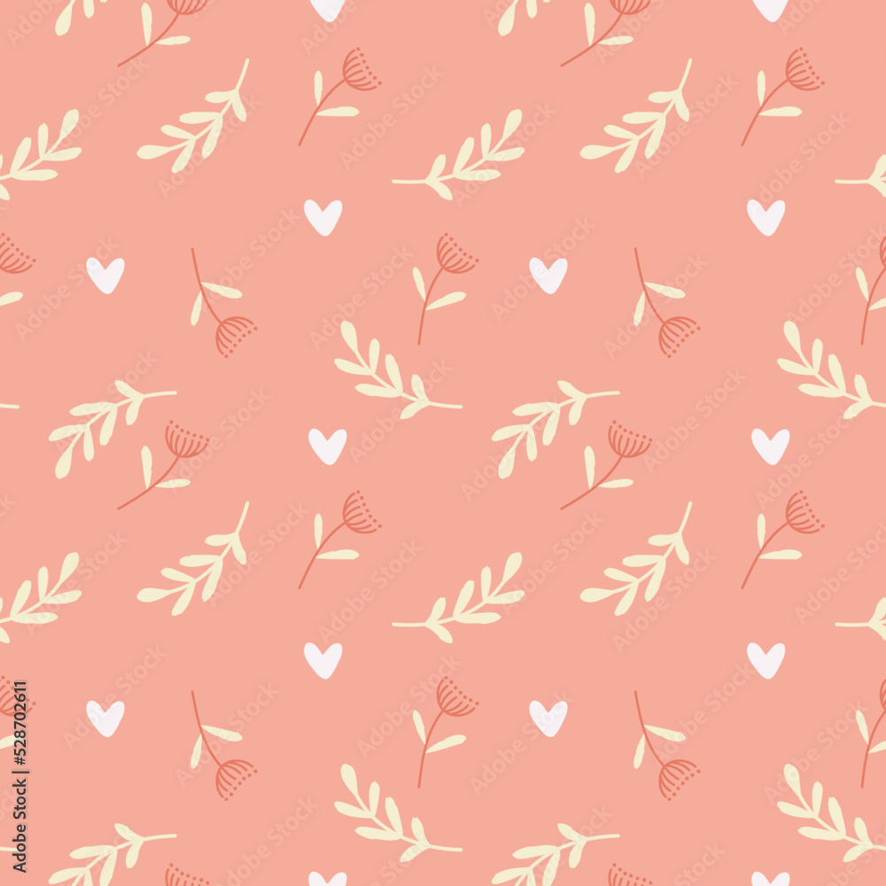 Delicate seamless pattern of wild flowers, twigs and hearts on a bright background. Perfect for textile, fabric, surface, wallpaper, scrapbooking. Vector illustration. Delicate seamless pattern of wild flowers, twigs and hearts on a bright background. Perfect for textile, fabric, surface, wallpaper, scrapbooking. Vector illustration.