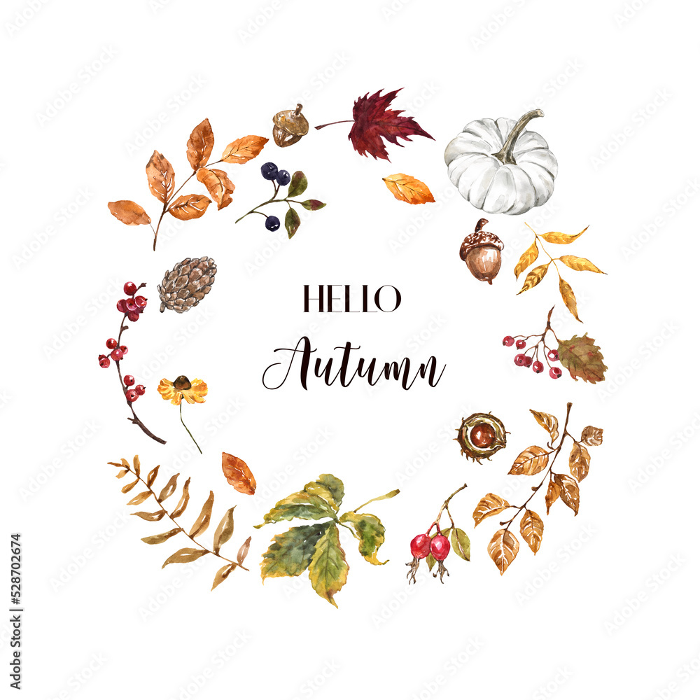 Autumn plants, leaves and pumpkin wreath. Botanical round frame. Watercolor forest plants hand-painted illustration, isolated on white background.