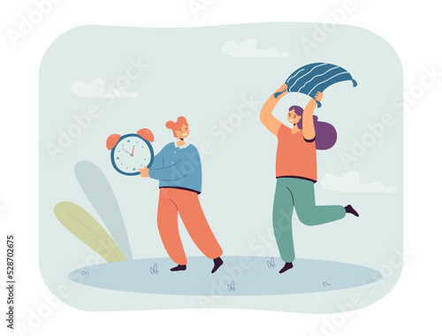 Happy girls having fun in morning flat vector illustration. Girl waking up her friend early in morning and fighting with pillows. Friendship concept for banner, website design or landing web page