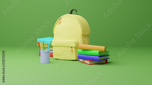 Wallpaper Mural Yellow school bag with books and pencils isolated on green background. Go to school concept. 3D Render Torontodigital.ca