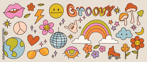 Set of 70s groovy element vector. Collection of doodle smile face, flower, lips, disco ball, rainbow, earth, peace, mushroom, roller skate. Cute retro groovy hippie design for decorative, sticker.