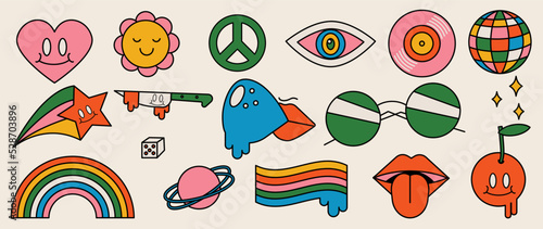 Set of 70s groovy element vector. Collection of doodle smile face, flower, lips, heart, sunglasses, planet, disco ball, rainbow, cherry, peace. Cute retro groovy hippie design for decorative, sticker.