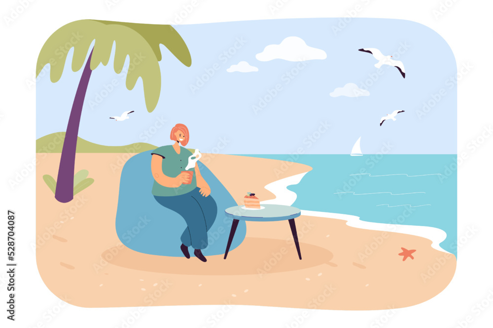 Girl eating cake on beach flat vector illustration. Female cartoon character drinking tea, relaxing, sitting in armchair on coast. Vacation concept for banner, website design or landing web page