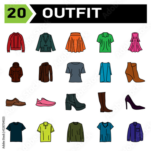 Outfit icon set include fashion  clothing  clothes  apparel  shirt  wear  shoes  man  footwear  male  shoe  sport bra  bra  outfit  female  summer  style  accessory  design  bag  cartoon