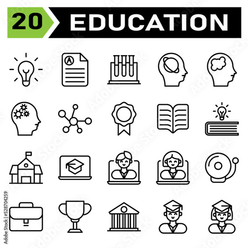 Education icon set include bulb, idea, light, genius, lamp, education, document, rapport, score, science, tube, test, biology, research, intelligence, artificial, head, planet, astronomy, brain, mind