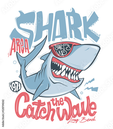 Shark t-shirt surf print design, vector illustration