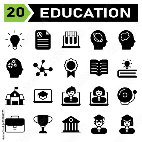 Education icon set include bulb, idea, light, genius, lamp, education, document, rapport, score, science, tube, test, biology, research, intelligence, artificial, head, planet, astronomy, brain, mind