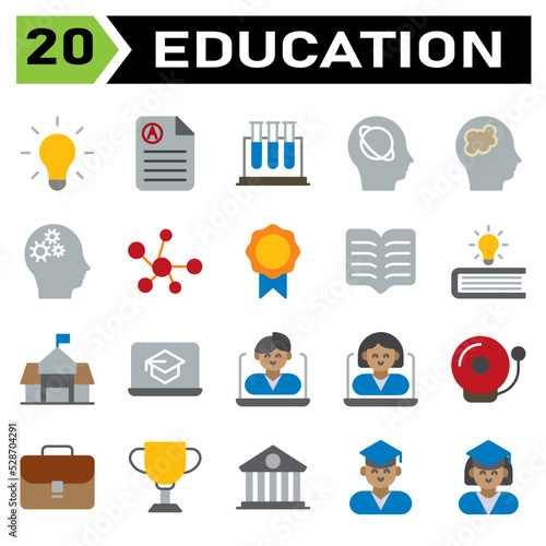 Education icon set include bulb, idea, light, genius, lamp, education, document, rapport, score, science, tube, test, biology, research, intelligence, artificial, head, planet, astronomy, brain, mind