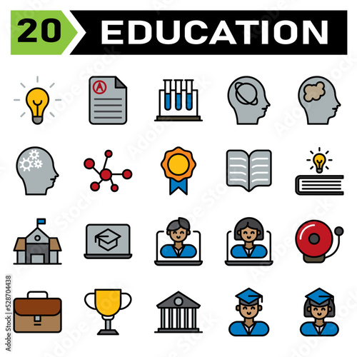 Education icon set include bulb, idea, light, genius, lamp, education, document, rapport, score, science, tube, test, biology, research, intelligence, artificial, head, planet, astronomy, brain, mind