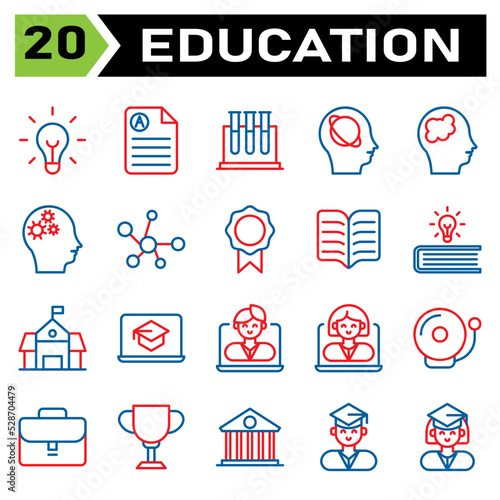 Education icon set include bulb, idea, light, genius, lamp, education, document, rapport, score, science, tube, test, biology, research, intelligence, artificial, head, planet, astronomy, brain, mind