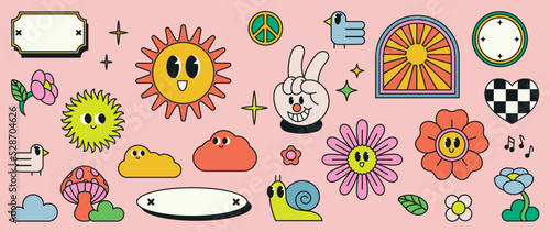 Set of 70s groovy element vector. Collection of doodle smile face, flower, lips, sunglasses, heart, hand sign, bus, planet, thunder mark. Cute retro groovy hippie design for decorative, sticker.