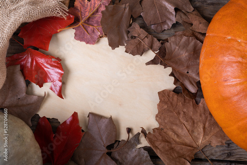 Pumpkin and autumn leaves with copy space on wooden surface