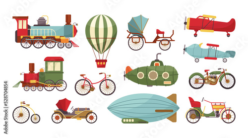 Different types of vintage transport cartoon illustration set. Retro locomotive, hot air balloon, car or auto, submarine, aircraft, engine or steam train, plane and helicopter. Transportation concept