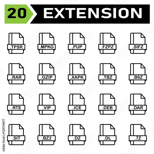 File extension icon set include tpsr, mpkg, pup, fzpz, sifz, rar, gzip, xapk, tbz, b6z, rte, vip, ice, deb, dar, sit, bz2, dz, dl, 7z, file, document, extension, icon, type, set