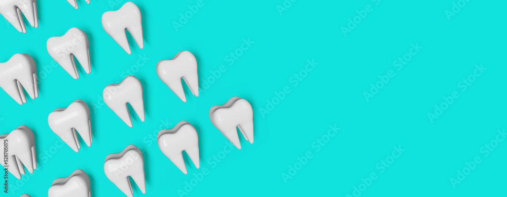 Obraz premium White healthy teeth motion 3D rendering pattern on blue background. National Dentist's Day Digital molar tooth anatomy model. Wisdom teeth extraction Oral care recovery. Dental Insurance Clinic banner
