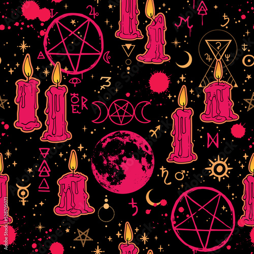 Burning red candles and magical symbols. Seamless vector illustration