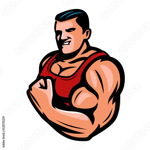 Strength and showing power. Muscular bodybuilder showing strong sport biceps. Gym, bodybuilding emblem or logo vector