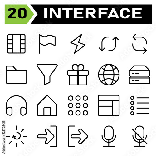 User interface icon set include film, movie, roll film, video, cinema, flag, symbol, national, country, sign, flash, lightning, thunder, light, flip, shuffle, repeat, arrow, arrows, folder, paper