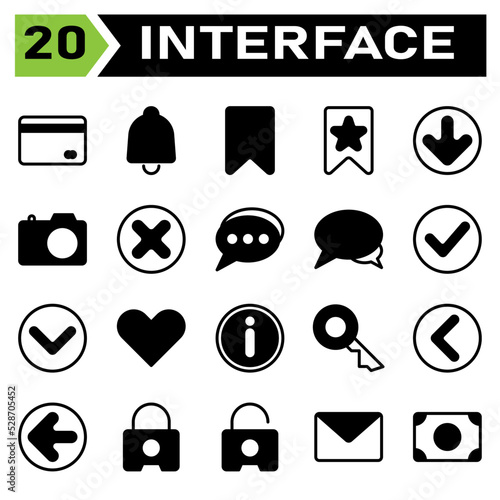 User interface icon set include bank, debit, payment, card, transaction, bell, alarm, ring, reminder, alert, wake, tag, maker, bookmark, label, offer, star, favorite, bottom, arrows, direction