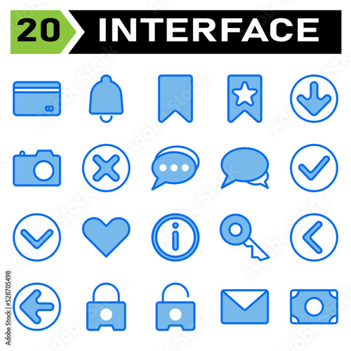 User interface icon set include bank, debit, payment, card, transaction, bell, alarm, ring, reminder, alert, wake, tag, maker, bookmark, label, offer, star, favorite, bottom, arrows, direction