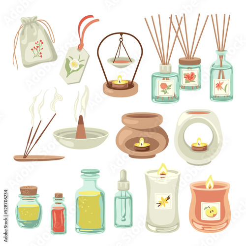 Candles and incense sticks for house vector illustrations set. Collection of home fragrances, diffusers and essential oils isolated on white background. Aromatherapy, relaxation, comfort concept