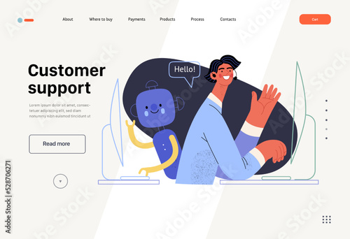 Customer support -Online shopping and electronic commerce web template -modern flat vector illustration of an operator and bot greeting a client. Promotion, discounts, sale and online orders concept