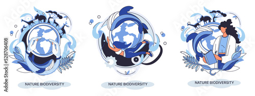 Biodiversity in nature as environment variety of life on Earth planet. Saving wildlife ecosystem metaphor. Protection and care of flora and fauna, eco friendly human activity, many biological species