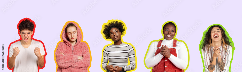 Group of young man and women expressing different emotions with gesturing and facial expressions. Personality psychology, mood. Magazine style - obrazy, fototapety, plakaty 