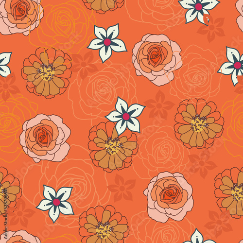 Retro Rose Orange Floral Vector Seamless Pattern