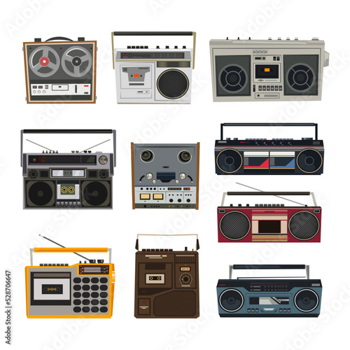 Various vintage tape recorders cartoon illustration set. Old boombox, audio magnetic recorders. Device for listening to music from cassette. Media, radio, entertainment concept