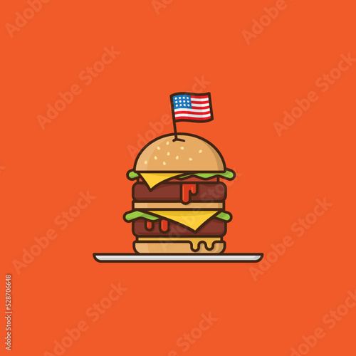 Double Cheeseburger with US flag filled outline style vector illustration. American fast food symbol.
