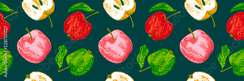 Multicolored apples seamless pattern. Vector color apple background with fruit pencil drawings for vegan banner, juice, baby food packaging, jam label design. Cider badge backdrop. Organic food design