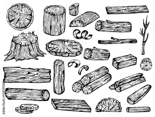 Wood set. Planks and logs, lumber and Cuts, Firewood in vintage style. Pieces of Tree. Vector illusion for signboard, labels, logo or banner. Campfire material. Engraved Hand drawn sketch.