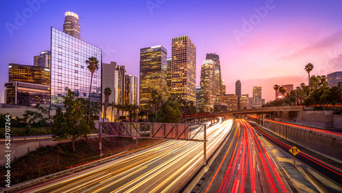 rush hour after sunset in los angeles