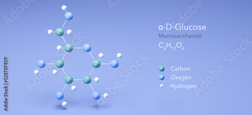 Alpha-D-Glucose, Monosaccharide, molecular structures, 3d model, Structural Chemical Formula and Atoms with Color Coding photo