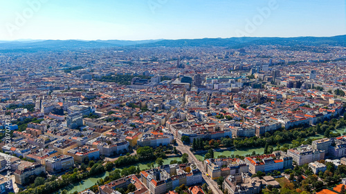 Vienna aerial view in Austria is one of the most famous capital cities of Europe. High angle view video ft. residential and central downtown district.