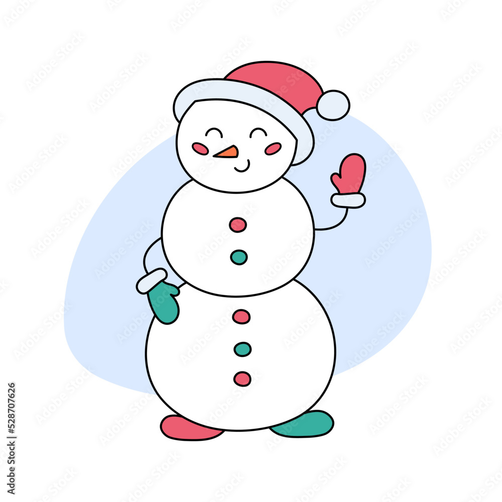 Snowman doodle isolated. Vector illustration of cute cartoon snowman in Santa cap. Christmas and winter symbol