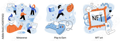 Metaverse digital cyber world technology, NFT token in artwork, play to earn metaphor. Virtual reality, futuristic concept. Blockchain technology in digital crypto art, investment in cryptographic
