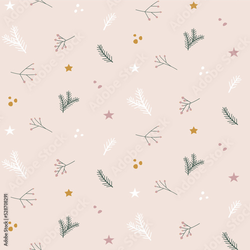 Seamless Christmas pattern with fir twig, stars, snow. Festive vector background with hand drawn elements