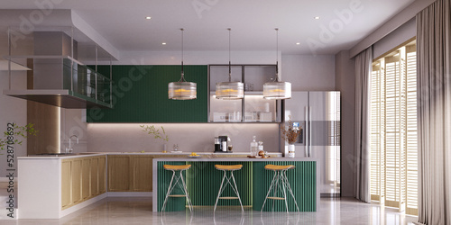 3d rendering,3d illustration, Interior Scene and  Mockup,  modern kitchen and dining room,wood and green kitchen.