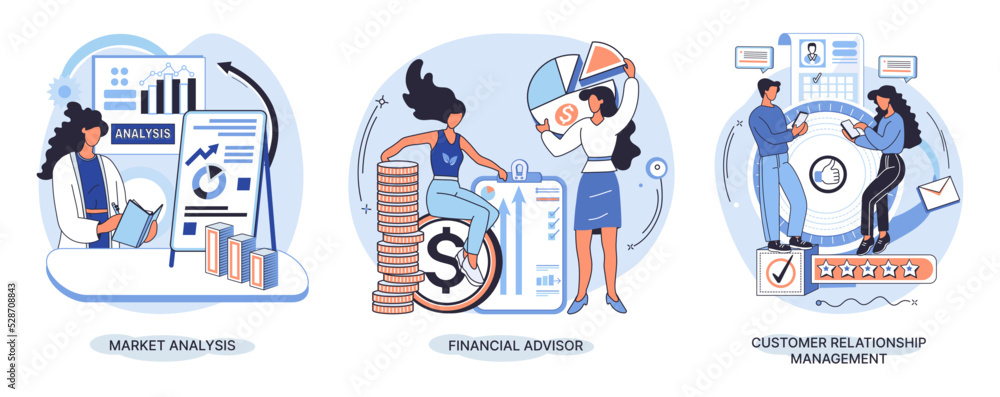 Fototapeta premium Market statistics analysis, financial advisor, customer relationship management business themes metaphor. Investment money, management planning for customer. Fiscal consultantation, client interaction