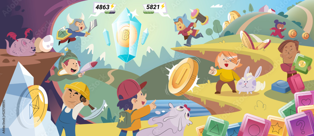 Fototapeta premium Play to earn. Metaverse, game finance technology. People playing online games with laptop, smartphone and vr goggles. GameFi design with cyber cartoon characters playing games to earn cryptocurrencies