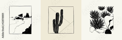 Abstract landscape interior contemporary minimal aesthetic. Hand drawn linear illustrations for wall decoration, postcards or brochures, cover design, stories, social media, app design.