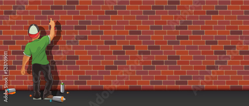 Vector Graffiti Brickwall in an Urban Rural neighbourhood with a graffiti artist ready to tag up the wall