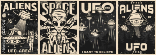 UFO set flyers vintage monochrome