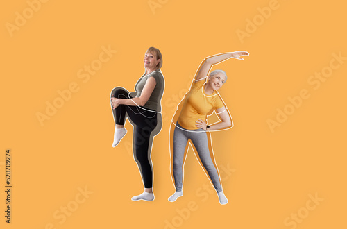 Smiling caucasian old females athletes in sportswear, overweight ladies drawn around, enjoy exercises in gym