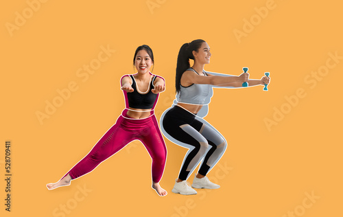 Glad slim arab and asian millennial ladies athletes in sportswear, overweight women drawn around, doing exercises, squat