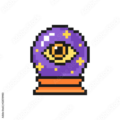 Crystal ball Halloween icon in pixel art design isolated on white background. Magic witch ball with eye inside, vector sign symbol.