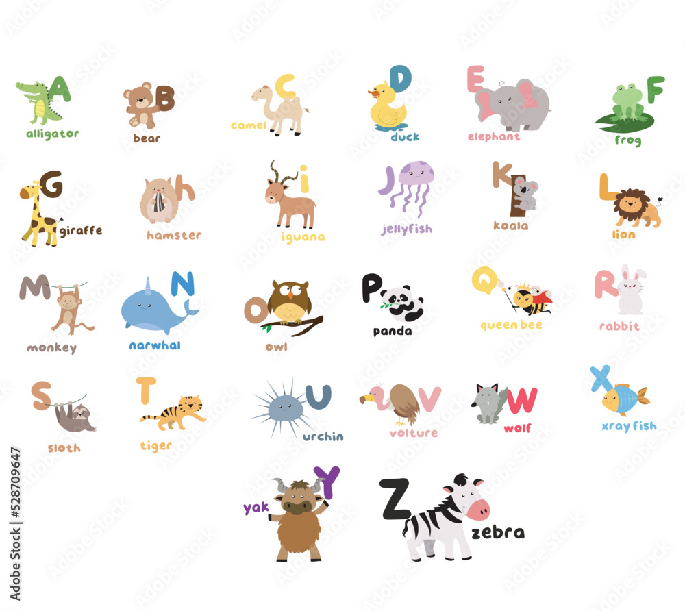 Obraz premium Colorful animal poster. Educational printable worksheet for children. Vector illustrations.
